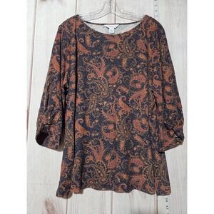 Liz Claiborne Shirt Womens 2XL Navy Blue Paisley Pullover 3/4 Sleeve‎ Boho Top
